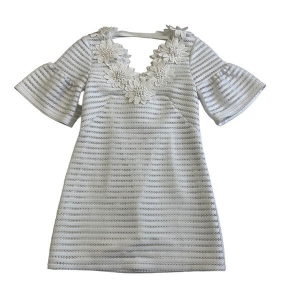 Nanette Lepore Daisy Embroidered Stripe Mini Dress Bridal White Bell Sleeve US 2 - Picture 1 of 7